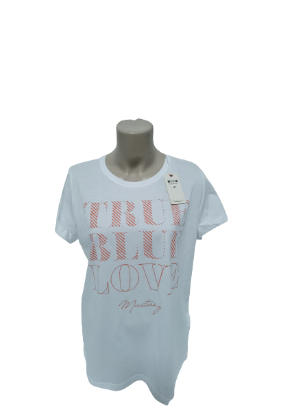 Tricou Dama, Mustang, cu imprimeu text "True Blue Love", Alb/Portocaliu